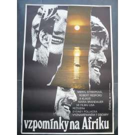 Vzpomínky na Afriku (filmový plakát, film USA 1985, režie Sydney Pollack, Hrají: Meryl Streep, Robert Redford, Klaus Maria Brandauer)