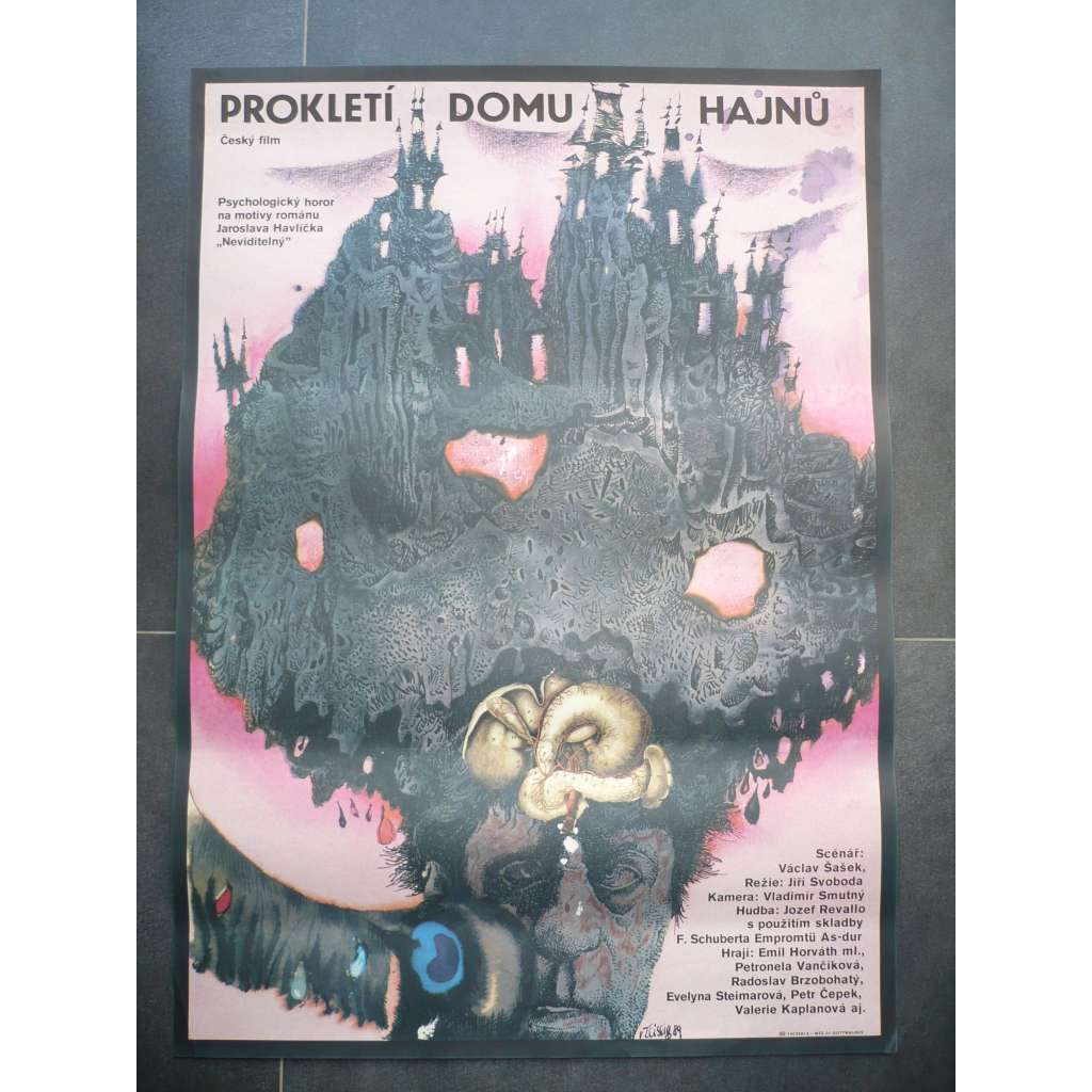 Prokletí domu Hajnů (filmový plakát, film ČSSR 1988, režie Jiří Svoboda, Hrají: Emil Horváth ml., Petra Kolevská, Radoslav Brzobohatý)