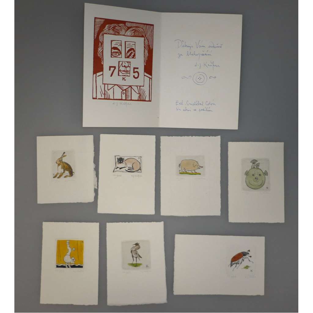 Ladislav Josef Kašpar (1915 - 1997) - 7x malých barevných leptů zvířátek, 1x poděkování - Lept, signovaná grafika