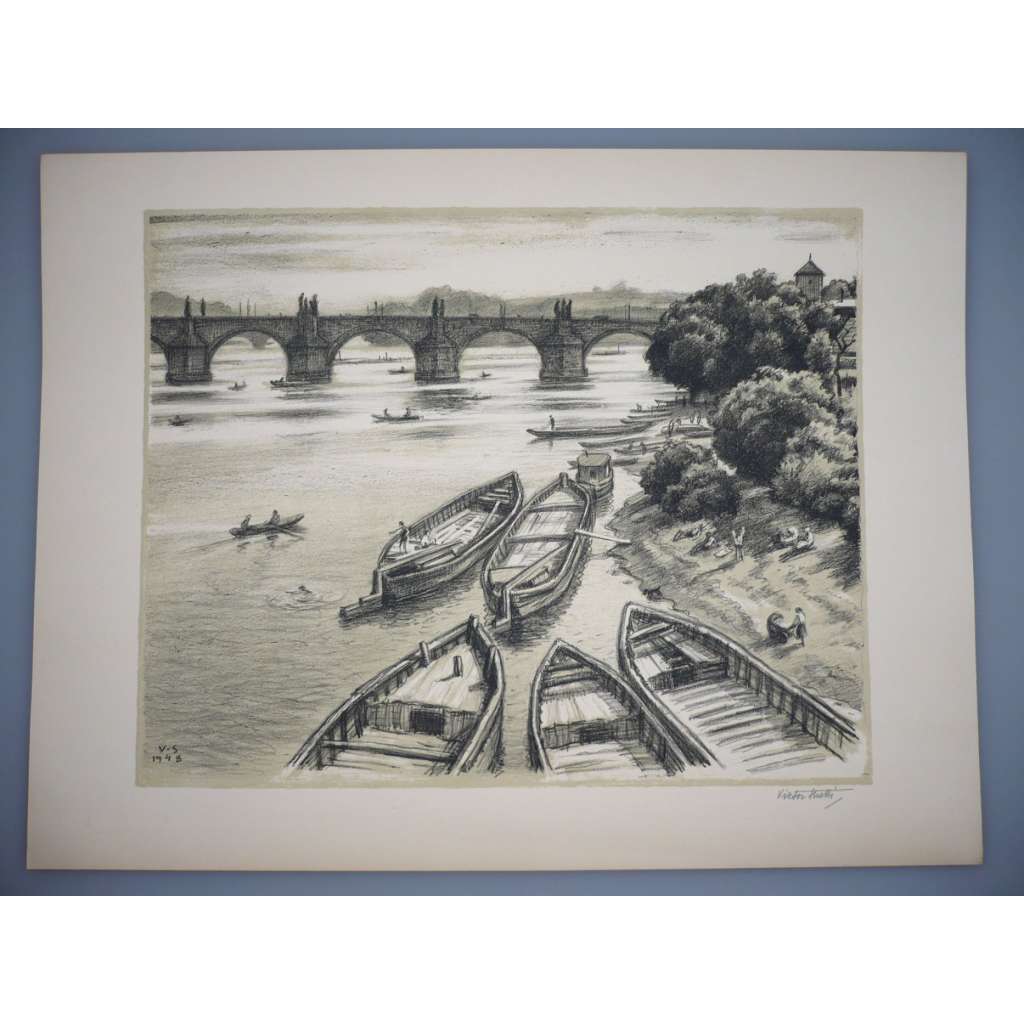 Viktor Stretti (1878 - 1957) - Nákladní lodě na Vltavě - Litografie 1948, signovaná grafika