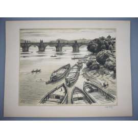 Viktor Stretti (1878 - 1957) - Nákladní lodě na Vltavě - Litografie 1948, signovaná grafika