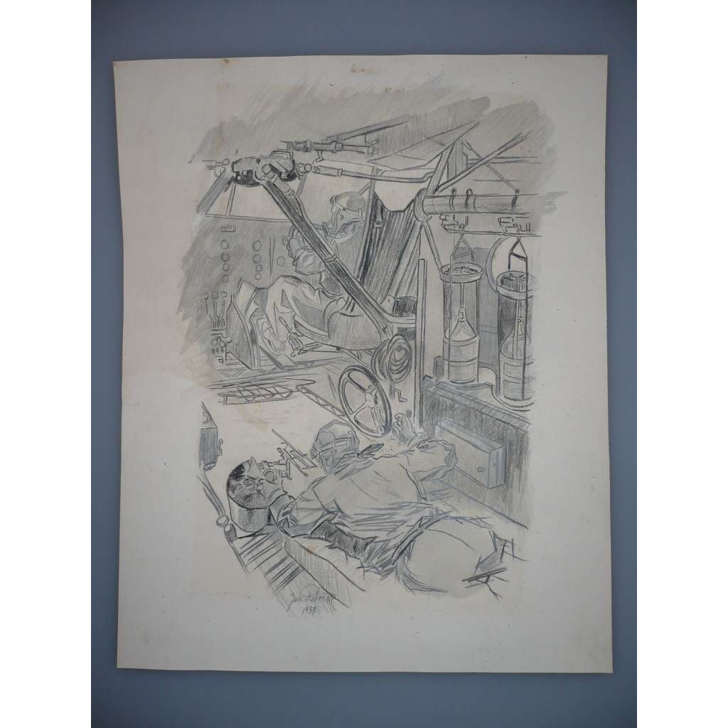 Jaroslav Řehoř (1897 - ??) - Ilustrační kresba,- Tužka 1937,   (Bojový let - Letadlo)