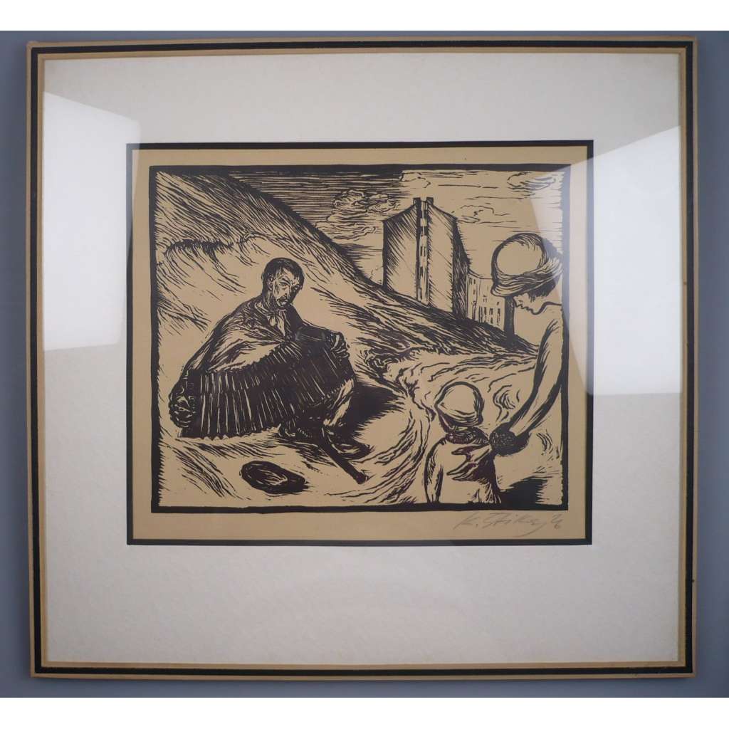 Karel Štika (1898 - 1975) - Harmonikář - Linoryt 1926, signovaná grafika
