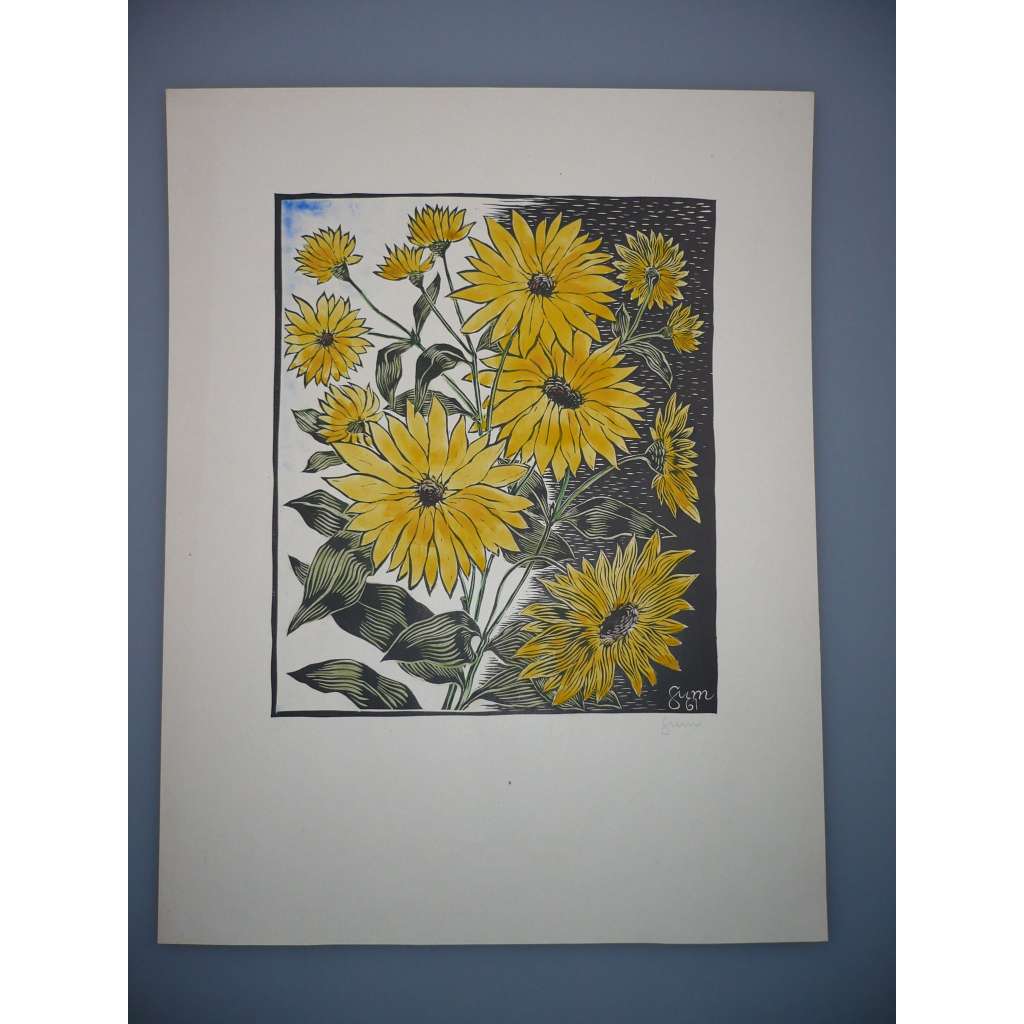 Miloš Sum (1896 - 1966) - Žluté květiny - Kolorovaný linoryt 1961, signovaná grafika
