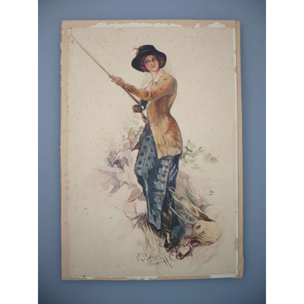 Karel Beneš (1881 - 1941) - Dáma na rybách - Akvarel 1919, signovaná grafika