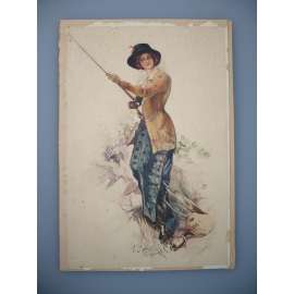Karel Beneš (1881 - 1941) - Dáma na rybách - Akvarel 1919, signovaná grafika