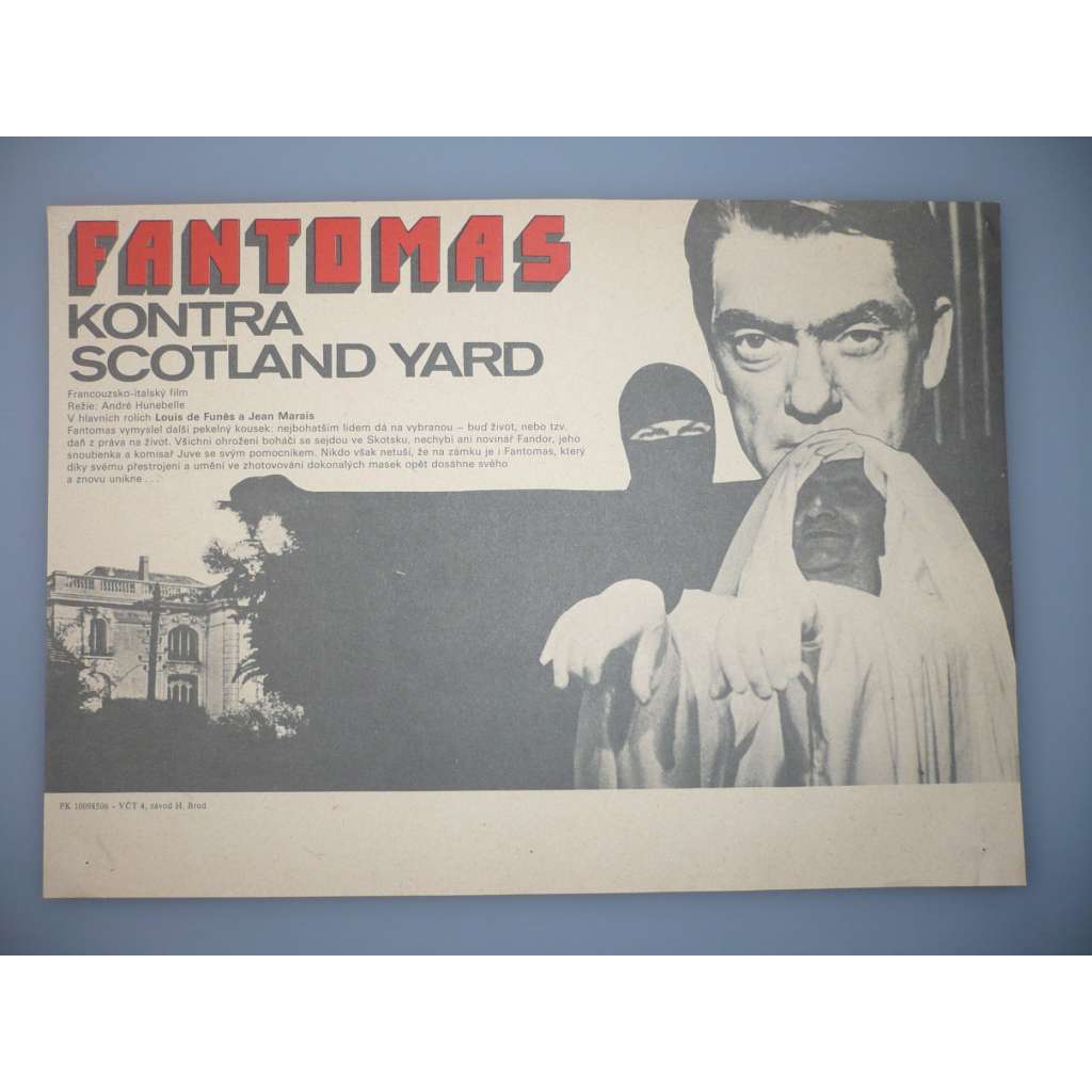 Fantomas kontra Scotland Yard (filmový plakát, papírová fotoska, slepka, film FR/IT 1967, režie André Hunebelle, Hrají: Jean Marais, Louis de Funès, Mylène Demongeot)