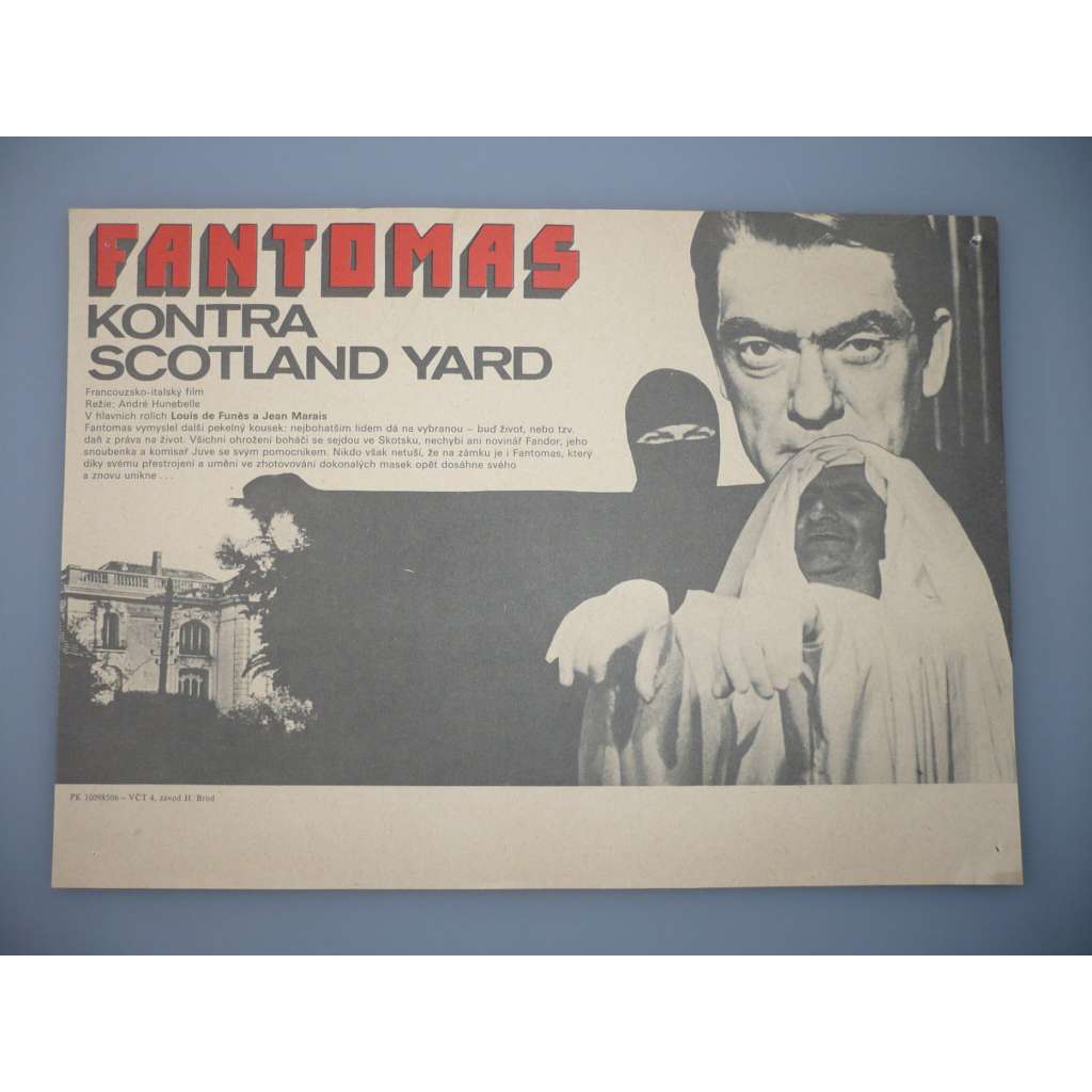 Fantomas kontra Scotland Yard (filmový plakát, papírová fotoska, slepka, film FR/IT 1967, režie André Hunebelle, Hrají: Jean Marais, Louis de Funès, Mylène Demongeot)