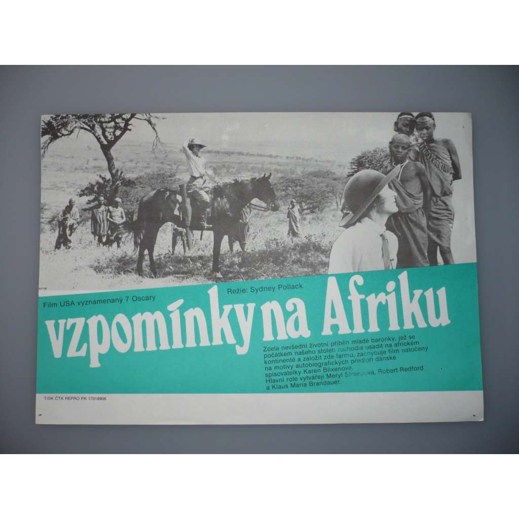 Vzpomínky na Afriku (filmový plakát, papírová fotoska, slepka, film USA 1985, režie Sydney Pollack, Hrají: Meryl Streep, Robert Redford, Klaus Maria Brandauer)