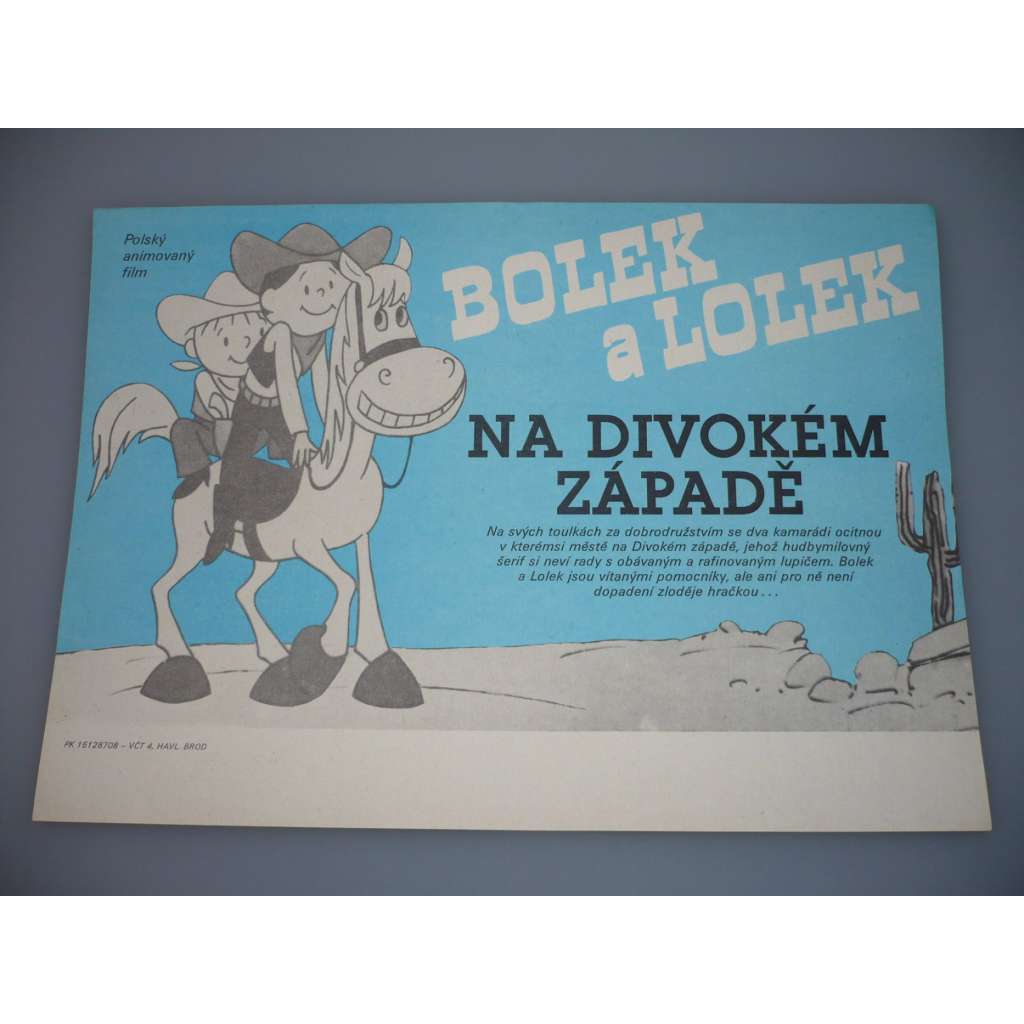 Bolek a Lolek na Divokém západě (filmový plakát, papírová fotoska, slepka, animovaný film Polsko 1986, režie Stanislaw Dülz)