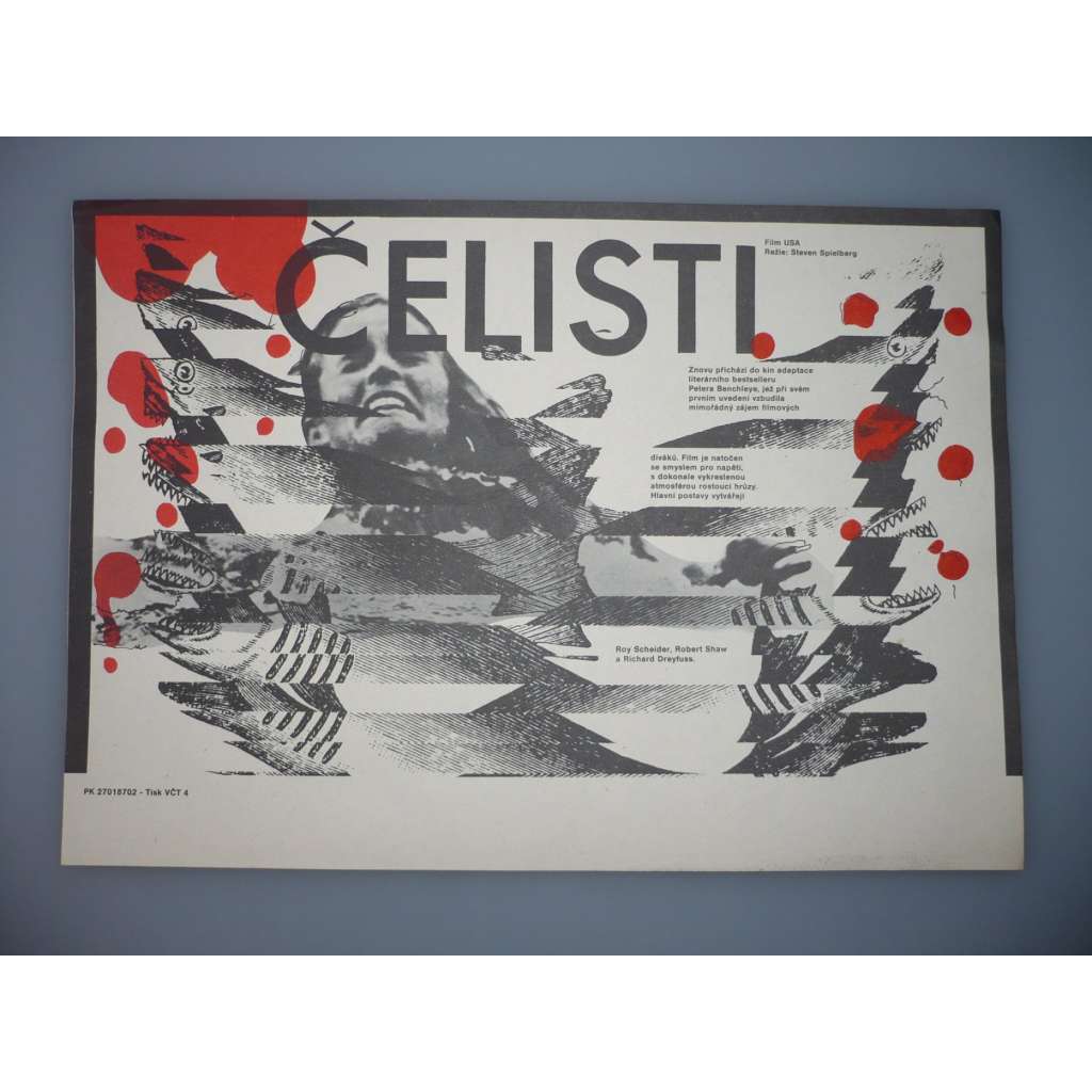 Čelisti (filmový plakát, papírová fotoska, slepka, film USA, režie Steven Spielberg, Hrají: Roy Scheider, Robert Shaw, Richard Dreyfuss)