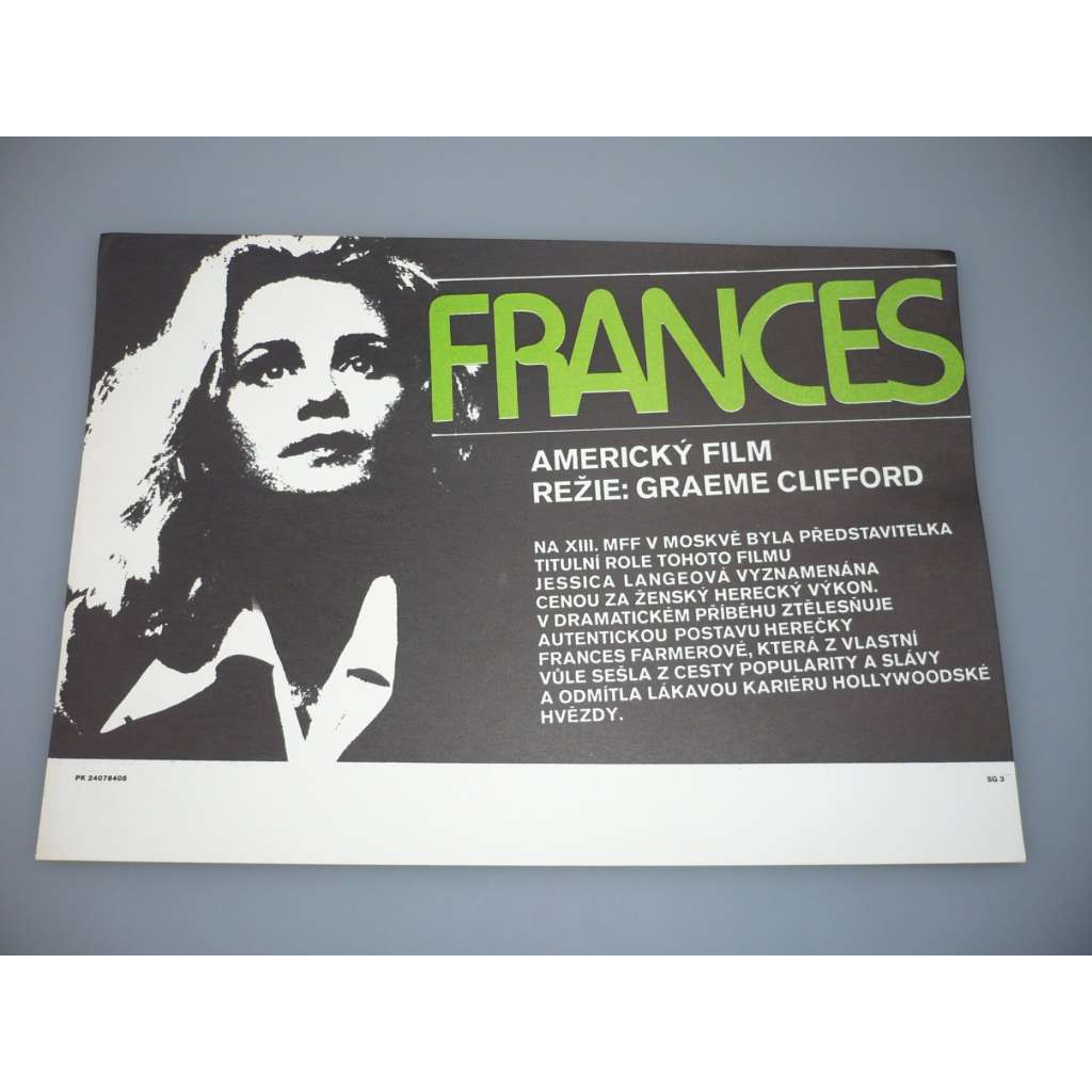 Frances (filmový plakát, papírová fotoska, slepka, film USA 1982, režie Graeme Clifford, Hrají: Jessica Lange, Kim Stanley, Sam Shepard)