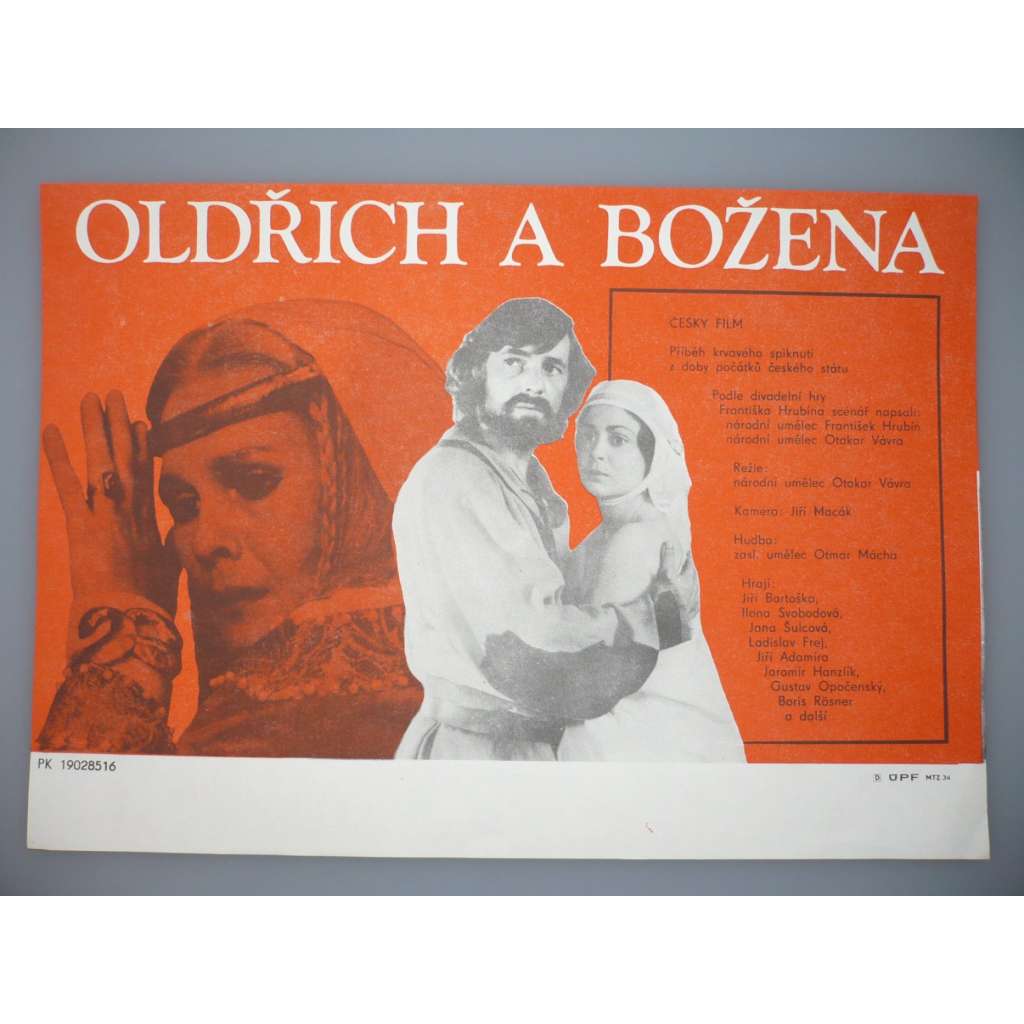 Oldřich a Božena (filmový plakát, papírová fotoska, slepka, film ČSSR 1984, režie Otakar Vávra, Hrají: Jiří Bartoška, Vladimír Kratina, Ilona Svobodová)