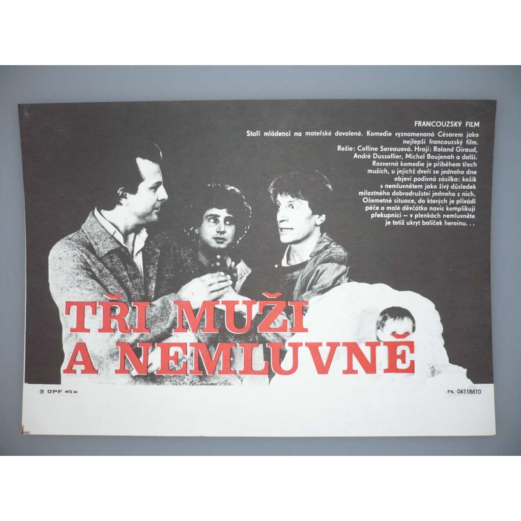 Tři muži a nemluvně (filmový plakát, papírová fotoska, slepka, film Francie 1985, režie Coline Serreau, Hrají: Roland Giraud, Michel Boujenah, André Dussollier)