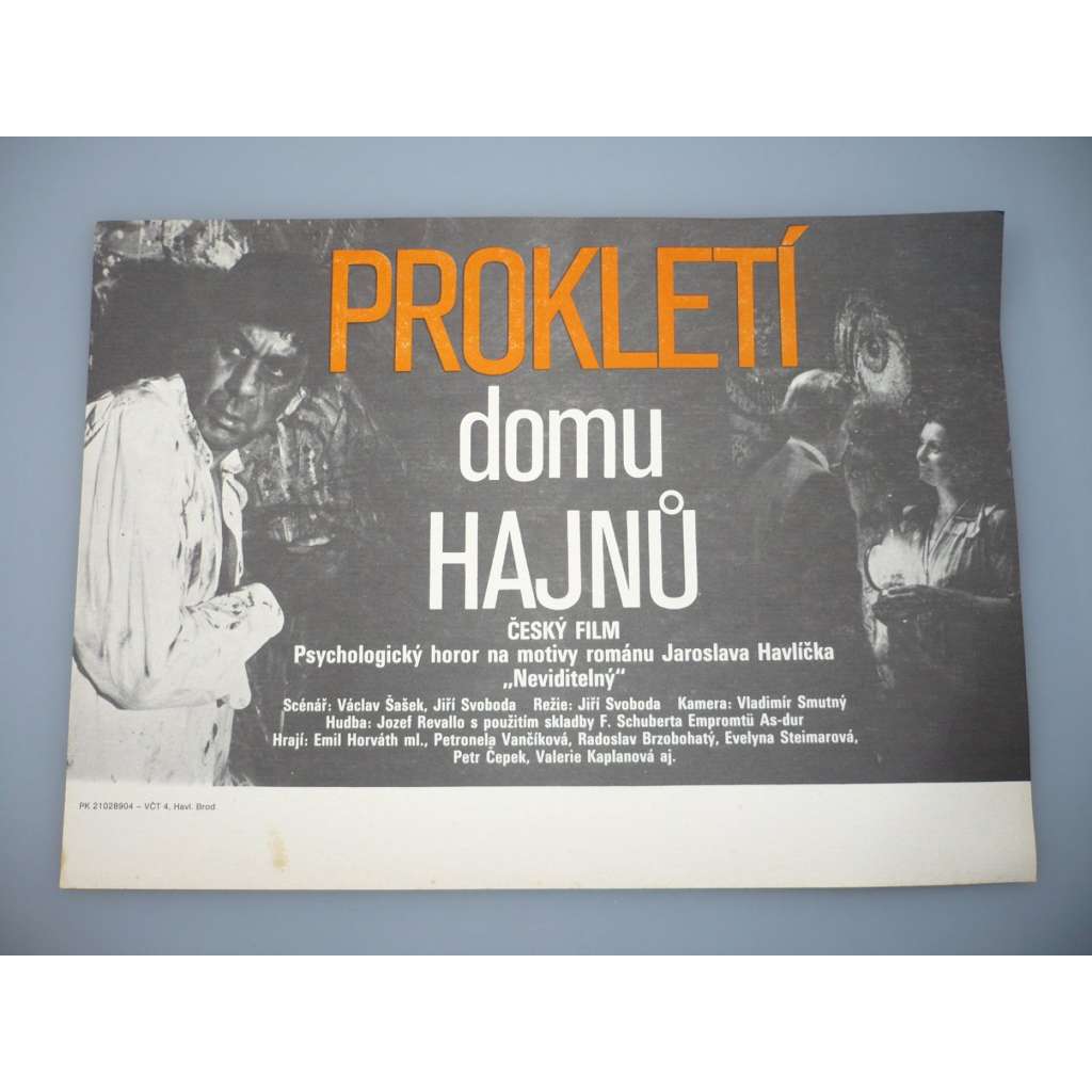 Prokletí domu Hajnů (filmový plakát, papírová fotoska, slepka, film ČSSR 1988, režie Jiří Svoboda, Hrají: Emil Horváth ml., Petra Kolevská, Radoslav Brzobohatý)