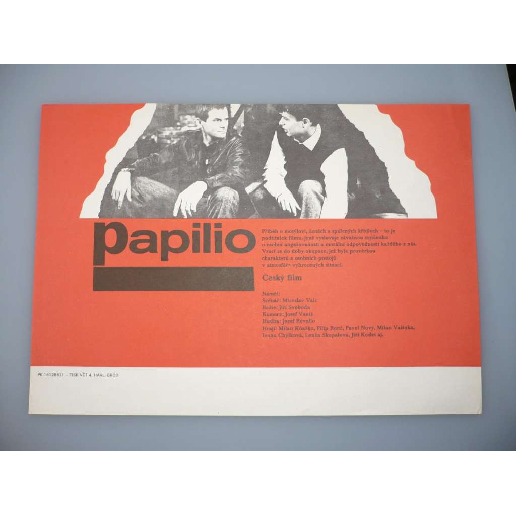 Papilio (filmový plakát, papírová fotoska, slepka, film ČSSR 1986, režie Jiří Svoboda, Hrají: Milan Kňažko, Filip Renč, Pavel Nový)