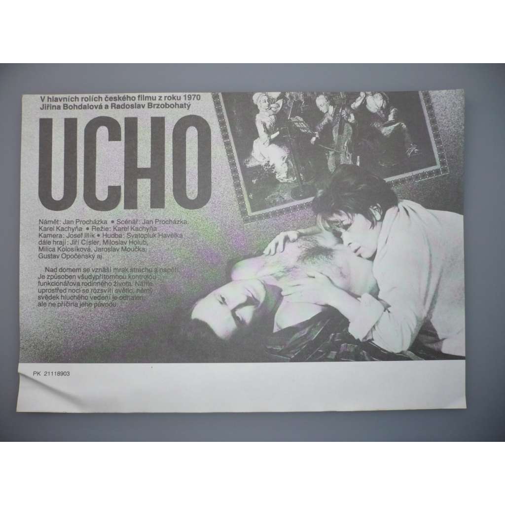 Ucho (filmový plakát, papírová fotoska, slepka, film ČSSR 1970, režie Karel Kachyňa, Hrají: Jiřina Bohdalová, Radoslav Brzobohatý, Gustav Opočenský)