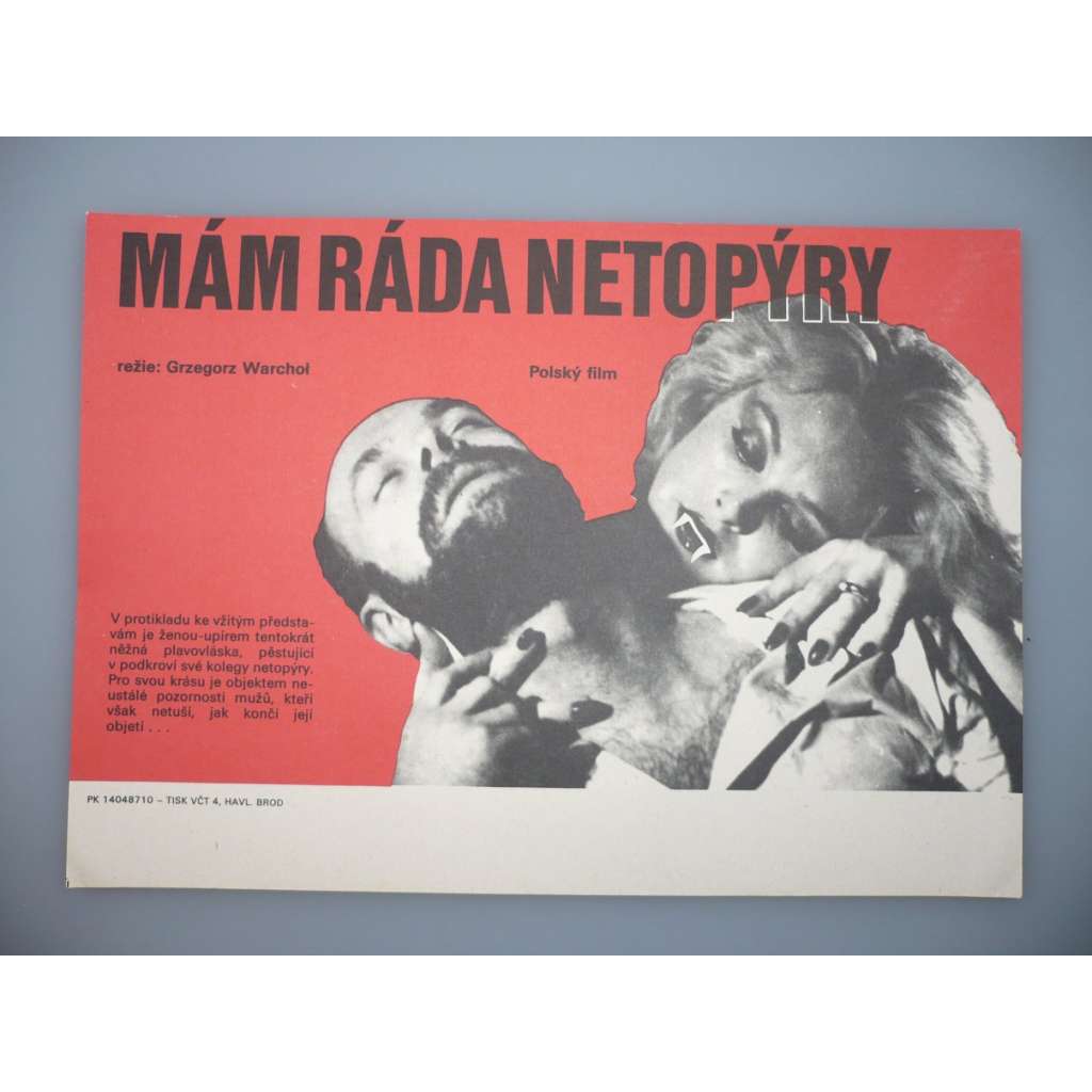 Mám ráda netopýry (filmový plakát, papírová fotoska, slepka, film Polsko 1986, režie Grzegorz Warchoł, Hrají: Katarzyna Walter, Marek Barbasiewicz, Małgorzata Lorentowicz)