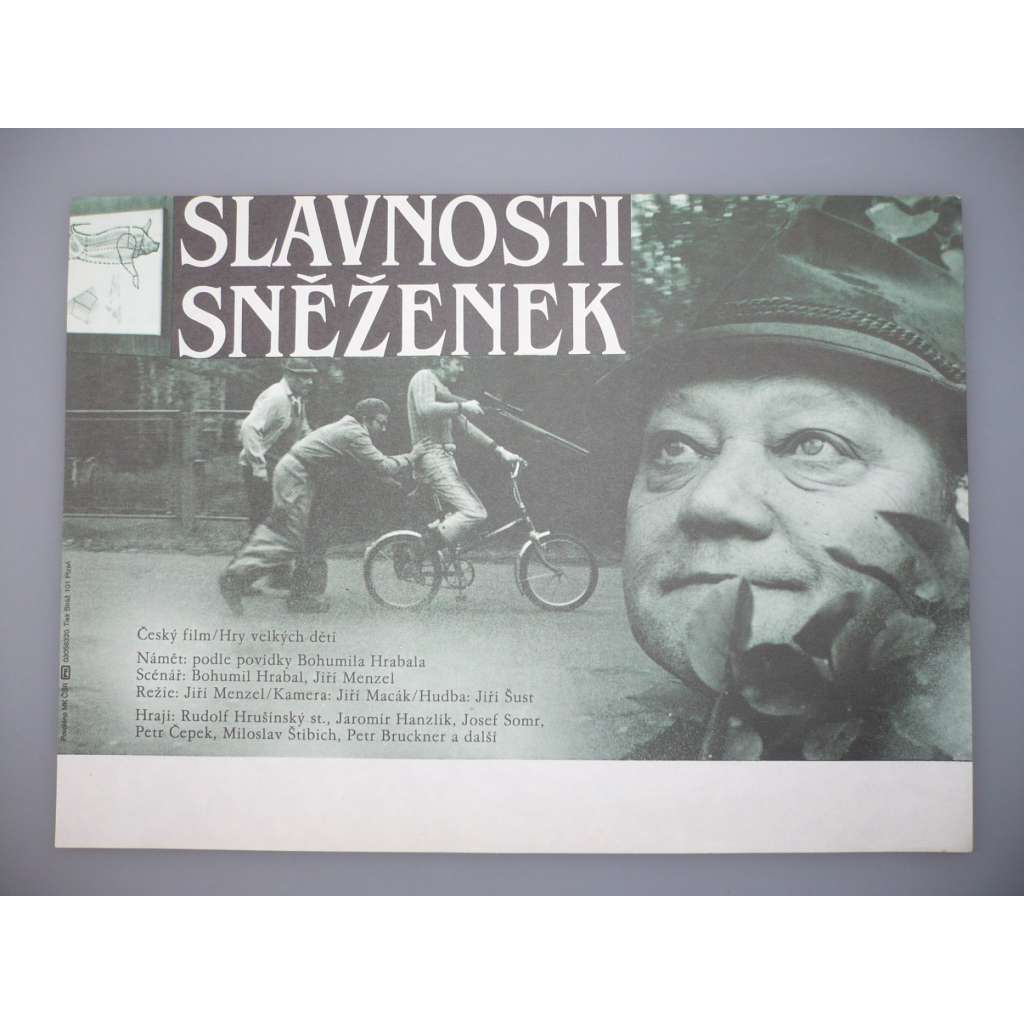 Slavnosti sněženek (filmový plakát, papírová fotoska, slepka, film ČSSR 1983, režie Jiří Menzel, Hrají: Rudolf Hrušínský, Jaromír Hanzlík, Josef Somr)