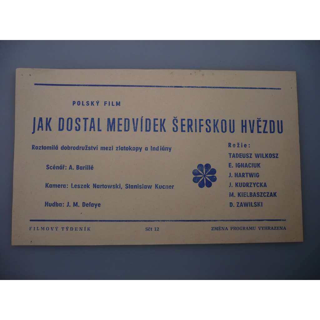 Jak dostal medvídek šerifskou čepici (filmový plakát, papírová fotoska, slepka, film Polsko 1976, režie Tadeusz Wilkosz)