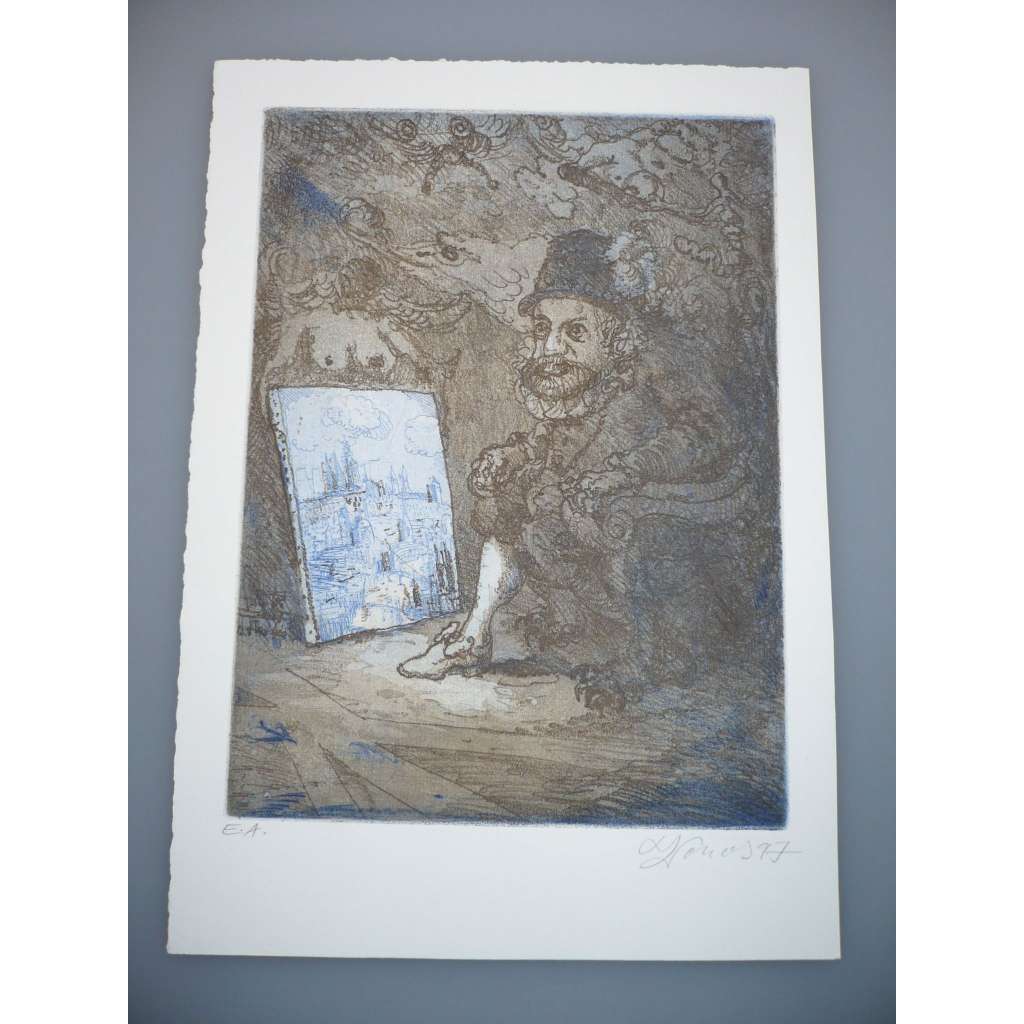 Jan Souček (1941 - 2008) - Rudolf II. - Kombinovaná technika (1997), signovaná grafika