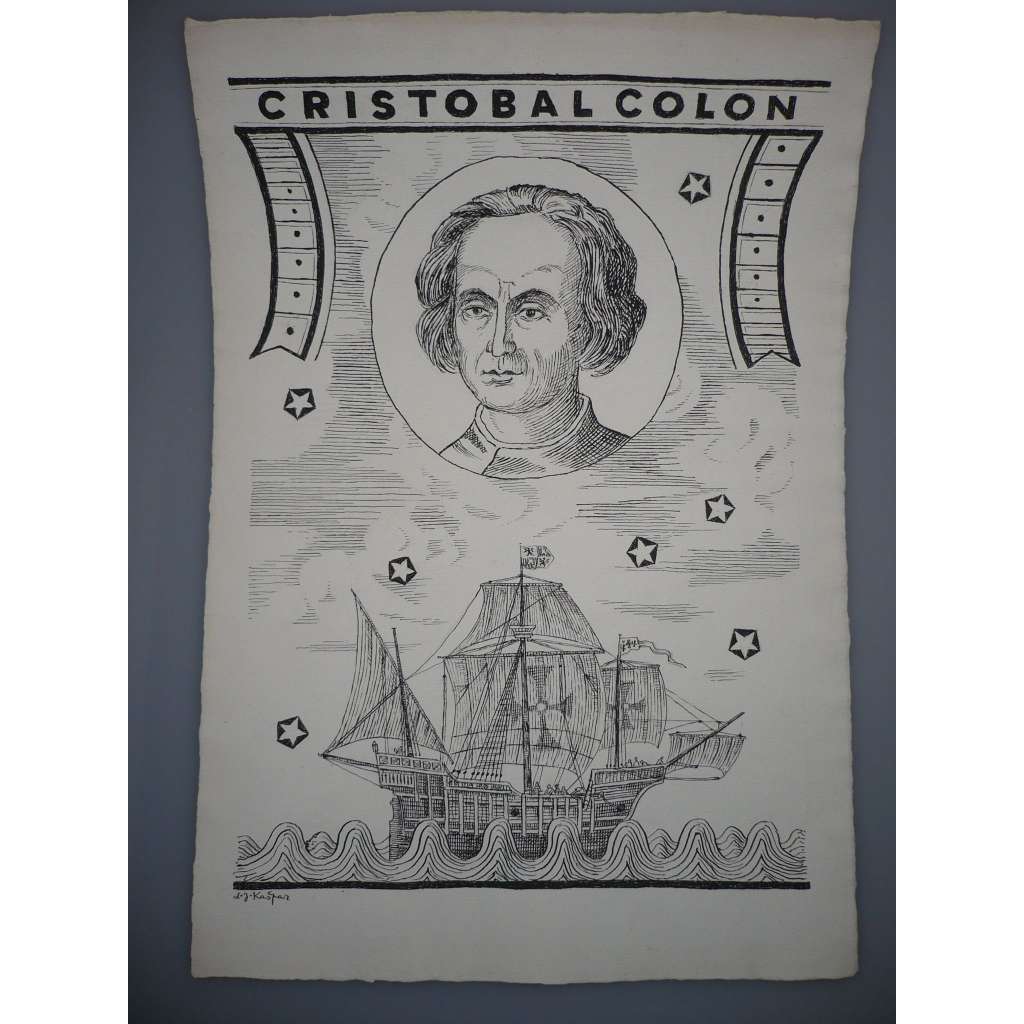 Ladislav Josef Kašpar (1915 - 1997) - Kryštof Kolumbus - Kresba tuší 1990, signovaná grafika