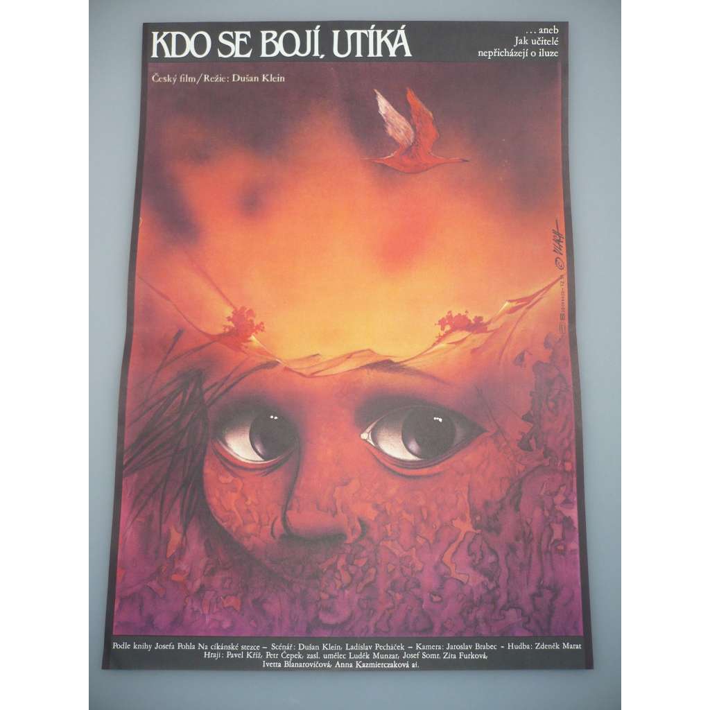 Kdo se bojí, utíká (filmový plakát, papírová fotoska, slepka, film ČSSR 1986, režie Dušan Klein, Hrají: Pavel Kříž, Petr Čepek, Luděk Munzar, Josef Somr)