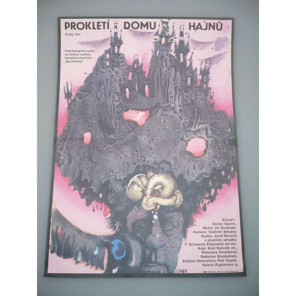 Prokletí domu Hajnů (filmový plakát, film ČSSR 1988, režie Jiří Svoboda, Hrají: Emil Horváth ml., Petra Kolevská, Radoslav Brzobohatý)