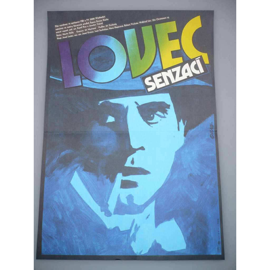 Lovec senzací (filmový plakát, papírová fotoska, slepka, film ČSSR 1987, režie Martin Hollý ml., Hrají: Josef Laufer, Jozef Kroner, Leoš Suchařípa)