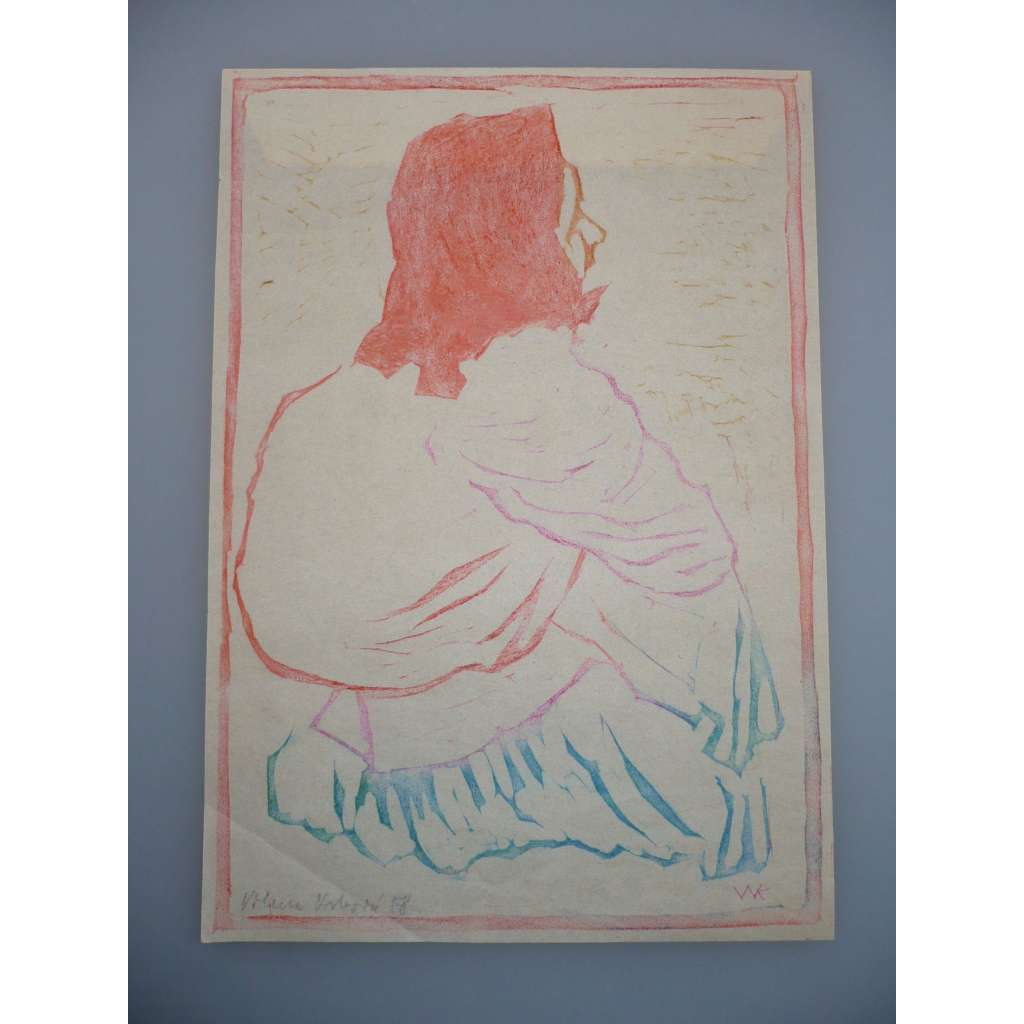 Vilma Vrbová Kotrbová (1905 - 1993) - Stará žena - Barevný dřevoryt, signovaná grafika