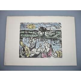 Jan Bauch (1898 - 1995) - Ženy u vody - Kolorovaný linoryt, signovaná grafika