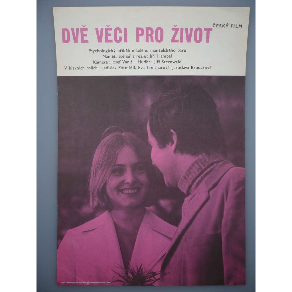 Dvě věci pro život (filmový plakát, film ČSSR 1972, režie Jiří Hanibal, Hrají: Ladislav Potměšil, Eva Hudečková, Jaroslava Brousková)