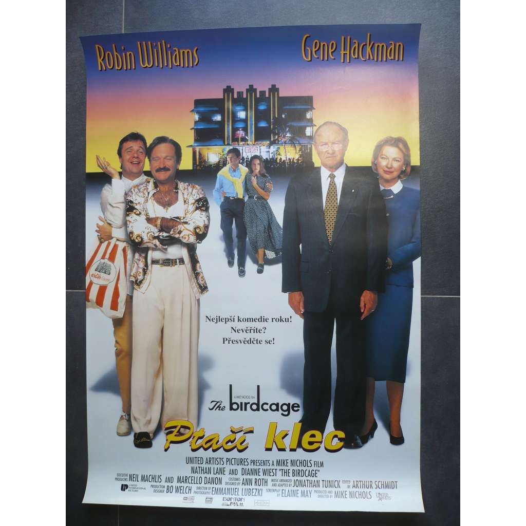 Ptačí klec (filmový plakát, film USA 1996, režie Mike Nichols, Hrají: Robin Williams, Gene Hackman, Nathan Lane)