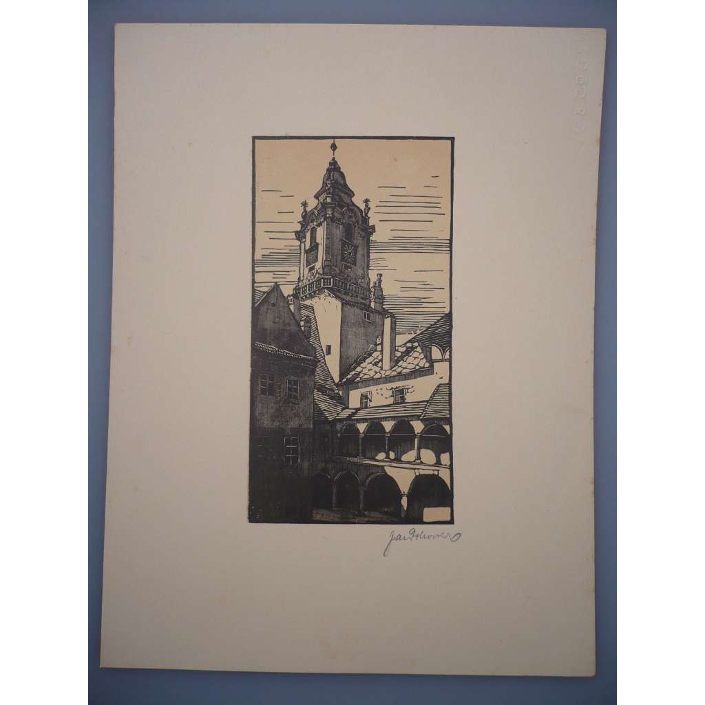 Jaroslav Dobrovolský (1895 - 1942) - Dvůr Staré Radnice, Z cyklu Bratislava - Dřevoryt, signovaná grafika