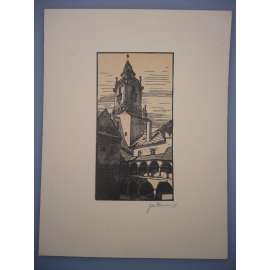 Jaroslav Dobrovolský (1895 - 1942) - Dvůr Staré Radnice, Z cyklu Bratislava - Dřevoryt, signovaná grafika