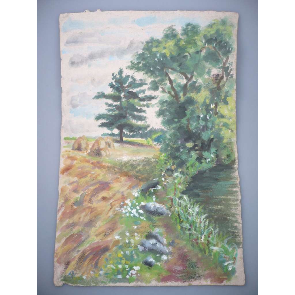 Libuše Stroumanová - Pole u lesa - akvarel, grafika, nesignováno