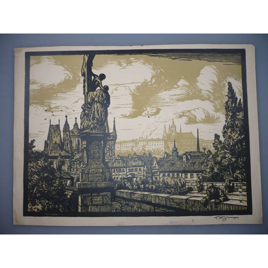 Tavík František Šimon (1877 - 1942) - Karlův most a Hradčany - dřevoryt, grafika, signováno