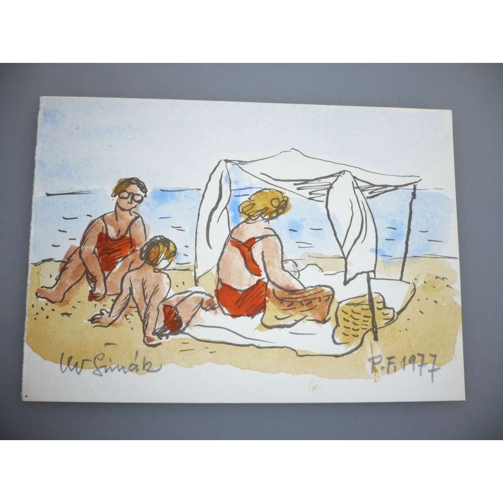 Lev Šimák (1896 - 1989) - Na pláži - akvarel 1977, grafika, signováno