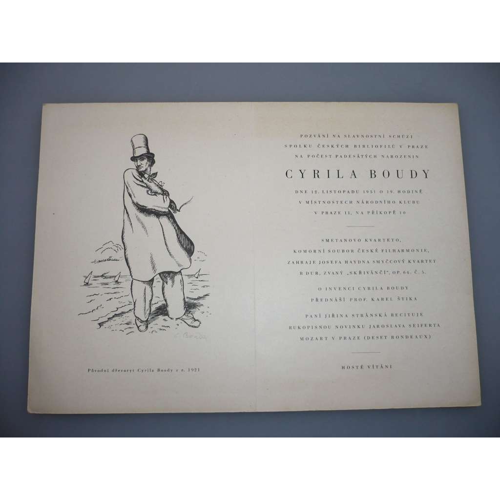 Cyril Bouda (1901 - 1947) - Pozvánka - litografie 1951, grafika, nesignováno