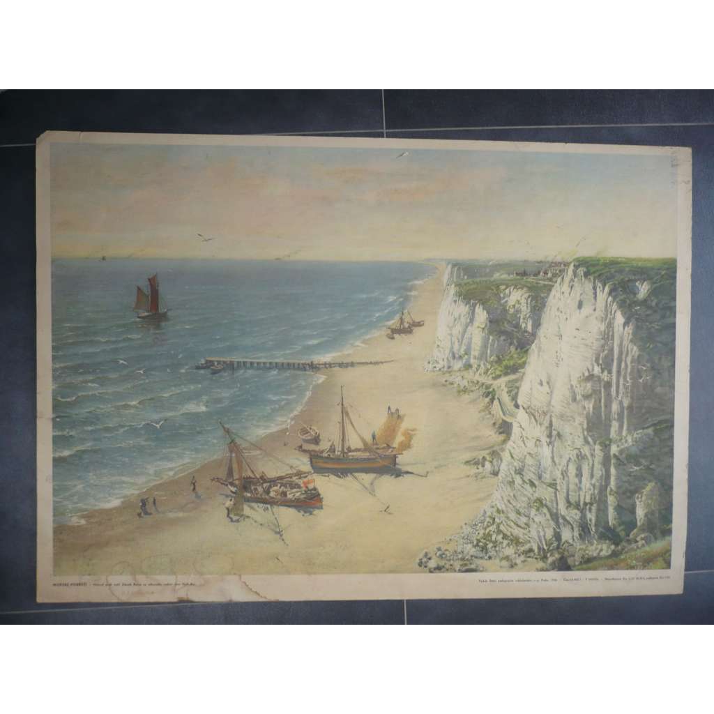 Mořské pobřeží, moře, loď - přírodopis - Zdeněk Burian - školní plakát, výukový obraz