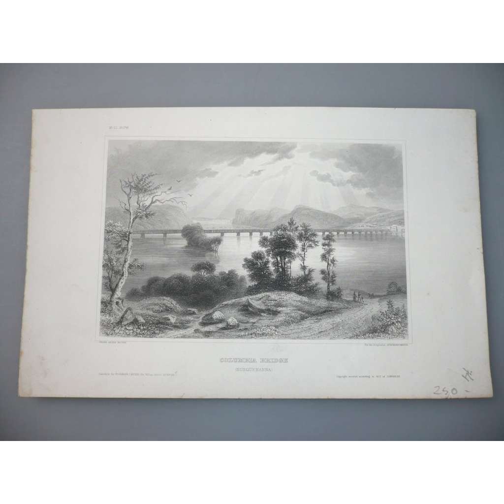 Most Columbia, Pensylvánie, USA - oceloryt cca 1850, grafika, nesignováno