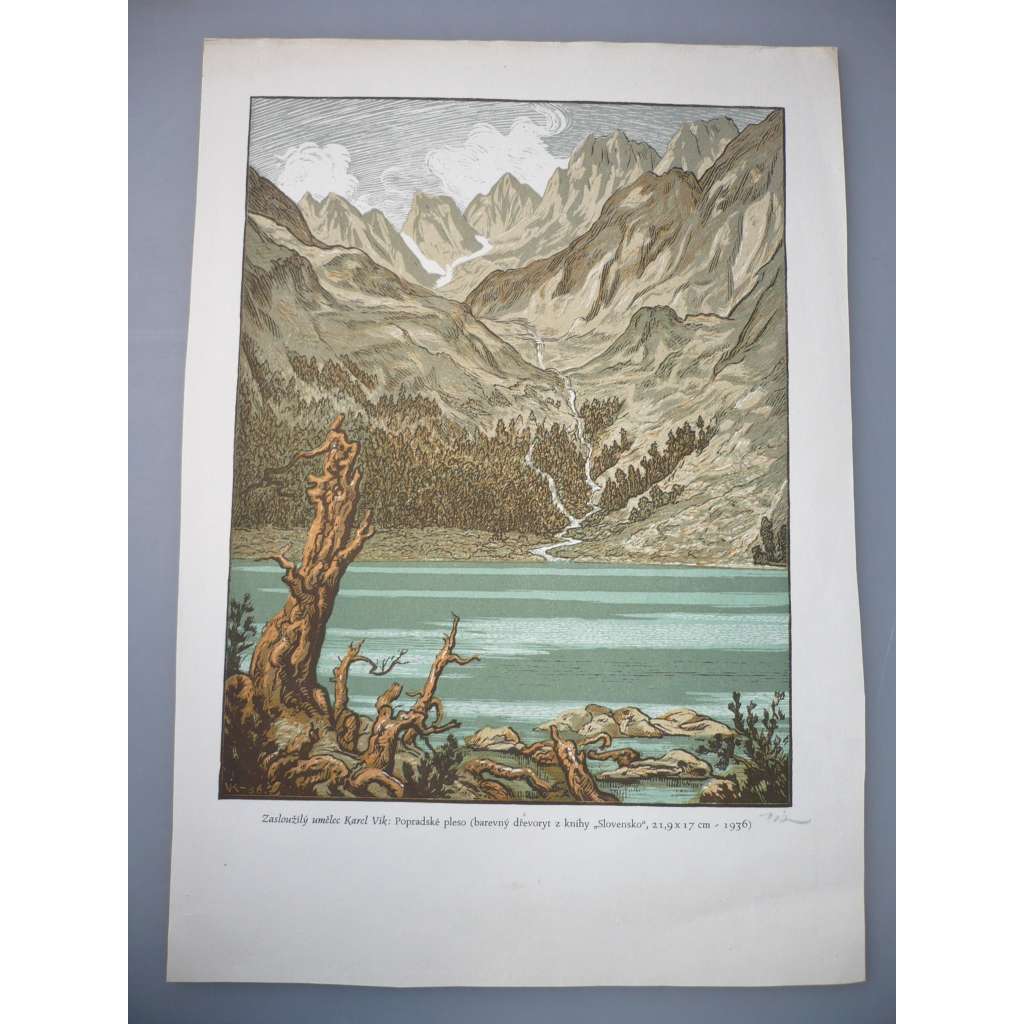 Popradské pleso, Slovensko - dřevoryt 1936, grafika, signováno - Karel Vik (1883 - 1964)