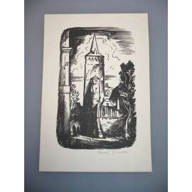 Pavel Šimon (1920 - 1958) - Kostelní věž - dřevoryt, grafika, signováno