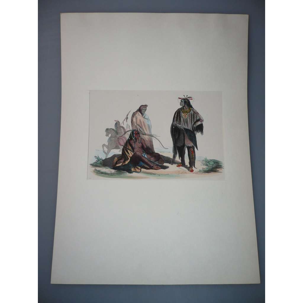 Skupina vraních indiánů z povodí řeky Yellowstone - kolorovaný dřevoryt 1845, grafika, nesignováno