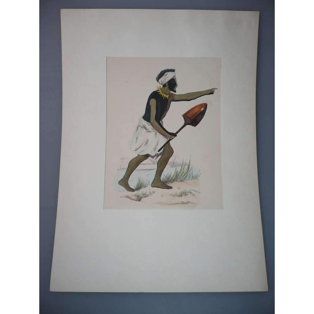 Válečník z Tonga - kolorovaný dřevoryt 1845, grafika, nesignováno