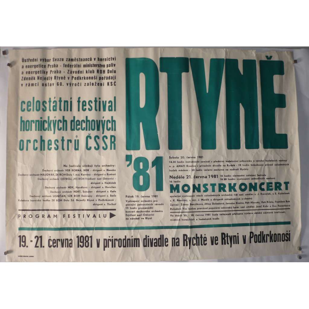 Rtyně 21.6.1981. Celostátní festival hornických dechových orchestrů ČSSR. 60. výročí založení KSČ - plakát