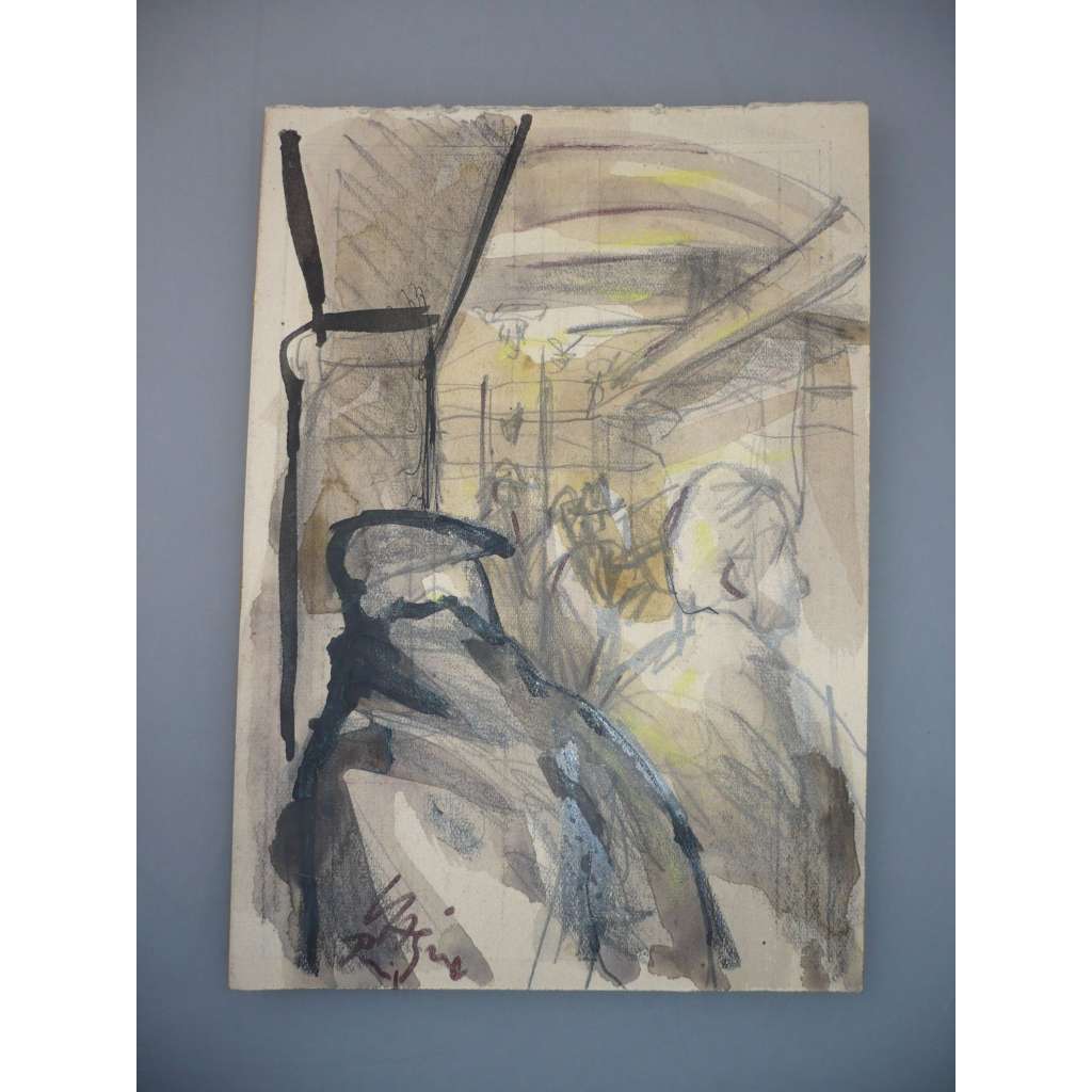Václav Hejna (1914 - 1985) - Čekání v pařížském metru - akvarel, grafika, signováno