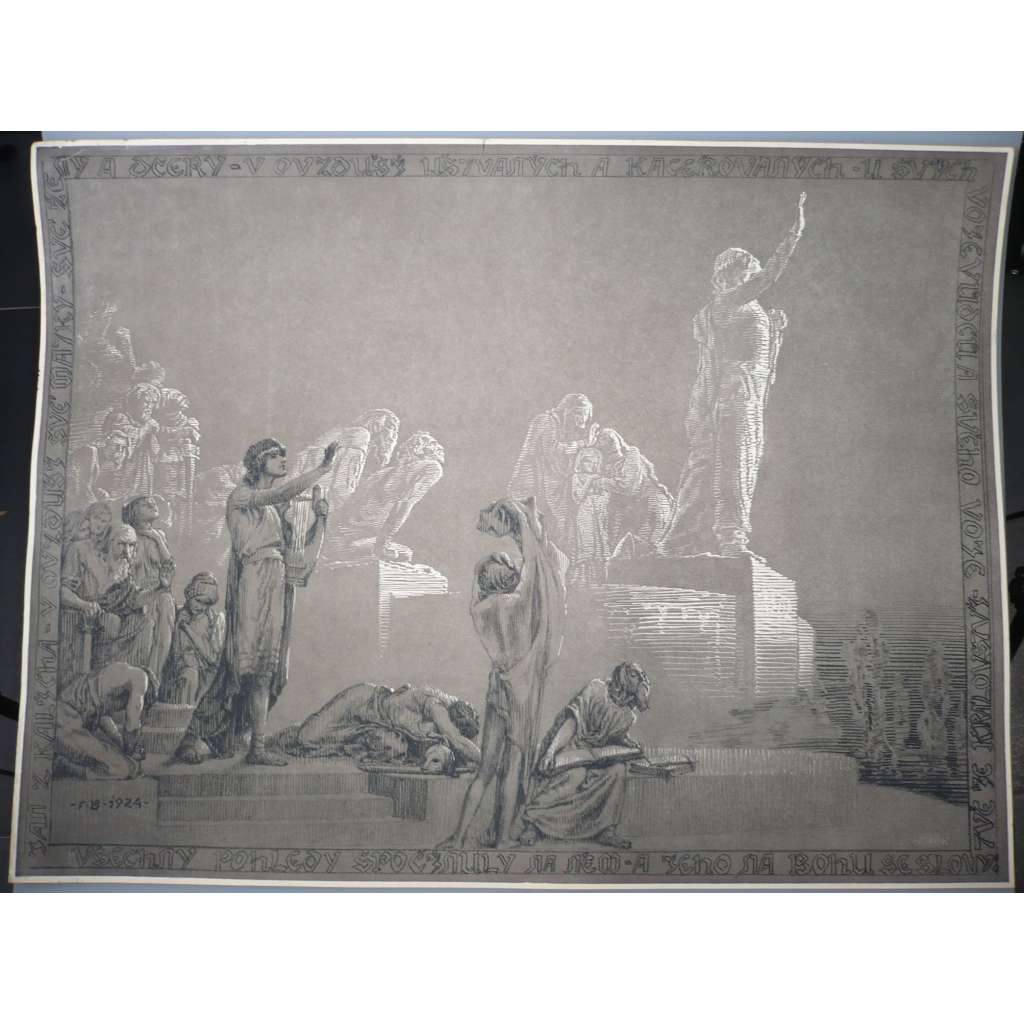 František Bílek (1872 - 1941) - Návrh pomníku pod Bílou horou - zinkografie 1924, grafika, signováno