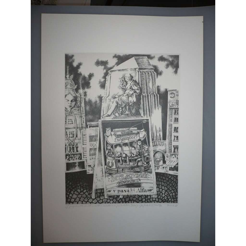 Lumír Čmerda (1930 - 2021) - Jungmannovo náměstí - Z cyklu Praha A - litografie 1988, grafika, signováno