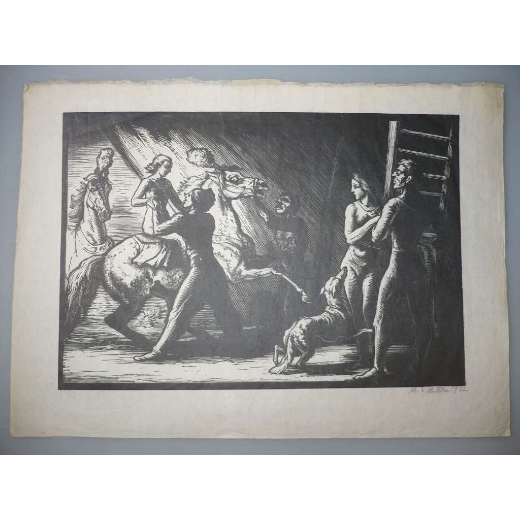 Emil Kotrba (1912 - 1983) - Cvičení koně - dřevoryt 1932, grafika, signováno